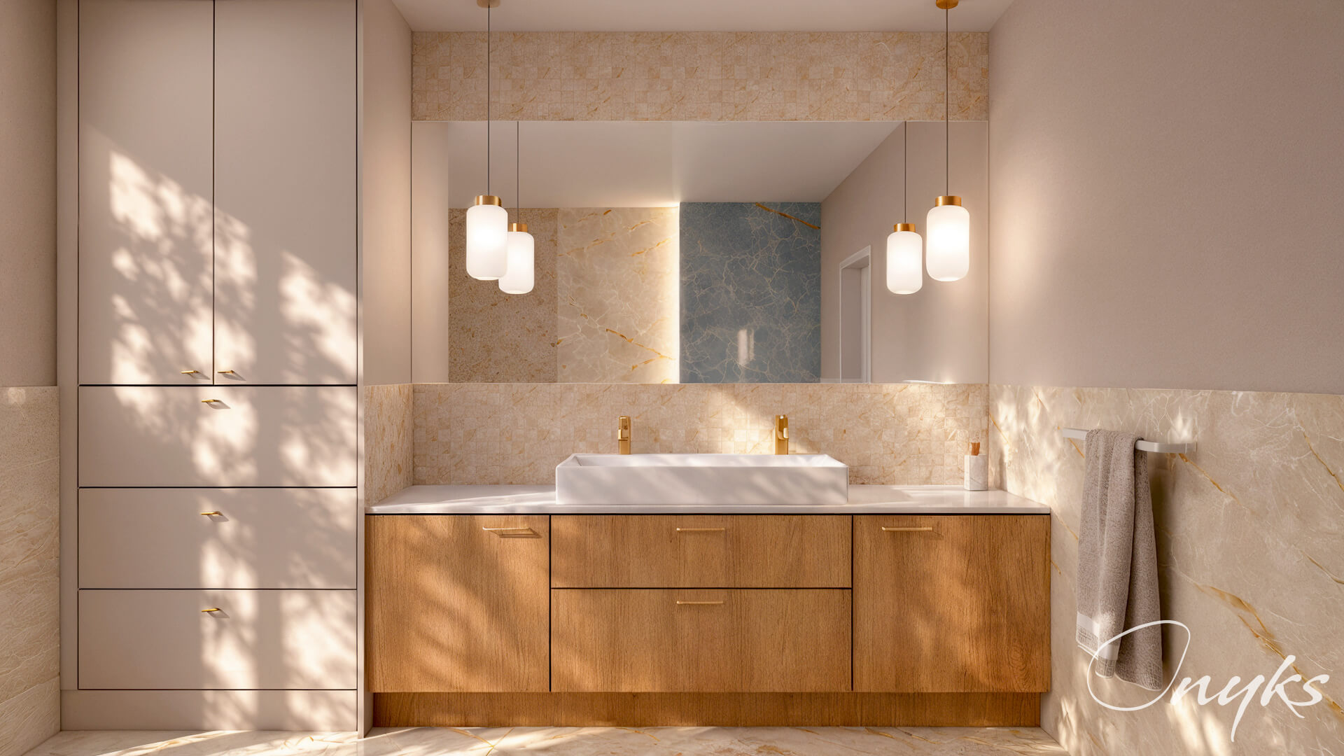 Strefa umywalki z mozaiką Beige Macromosaico i drewnianą szafką