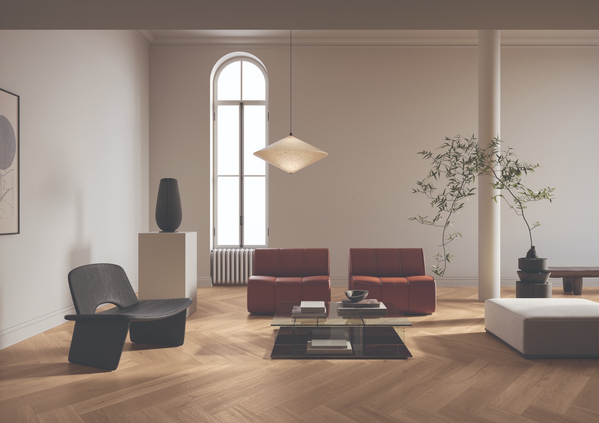Paul Ceramiche OakThree Mid — aranżacja salonu z gresem drewnopodobnym